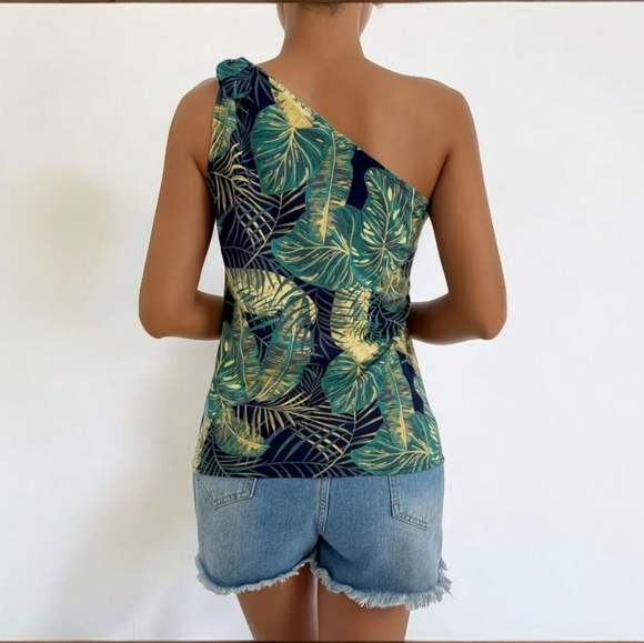 New! One-Shoulder Leaf Print Blouse – Sleeveless Vacation Top Sz Xlarge - Picture 7 of 7